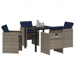 Set de 5 pièces de jardin avec coussins gris en poly rotin