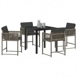 Set de salle à manger jardin 5 pièces avec coussins en poly rotin gris.