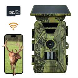 Caméra de Chasse Solaire WiFi 4K UHD Vision Nocturne Détecteur Mouvement IP66 BluetoothSD 32 Go