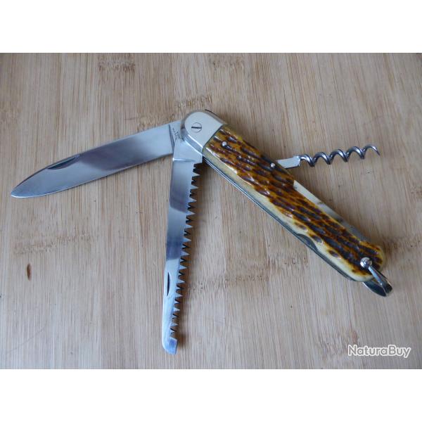 Couteau pliant ancien BARGEON  pompe 3 pices inox os cerf Thiers France
