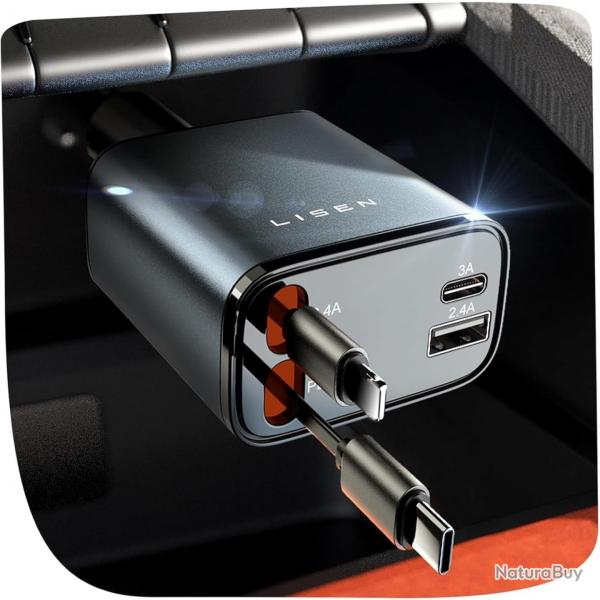 4 en 1 Rtractable Chargeur Voiture USB C 69W, Adaptateur Allume