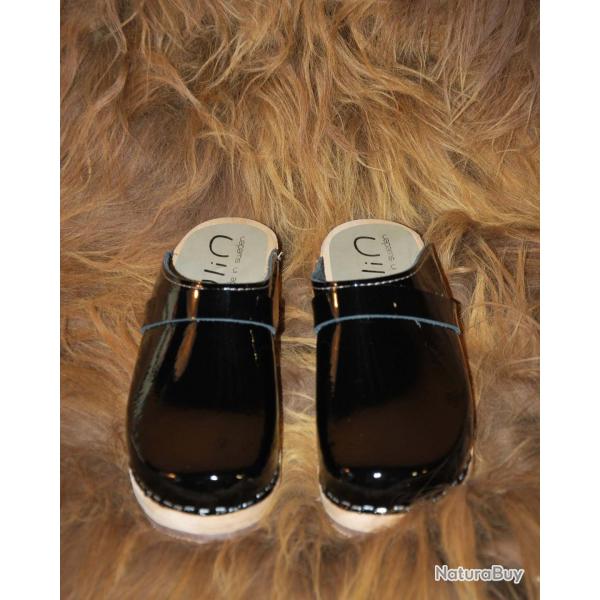 Sabot femme et homme sudois bois et cuir vernis cuir vernis noir 47
