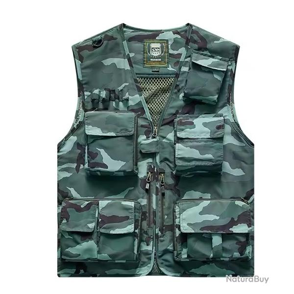 Gilet de pche lger multi-poches - camping, randonne, outdoor Camo