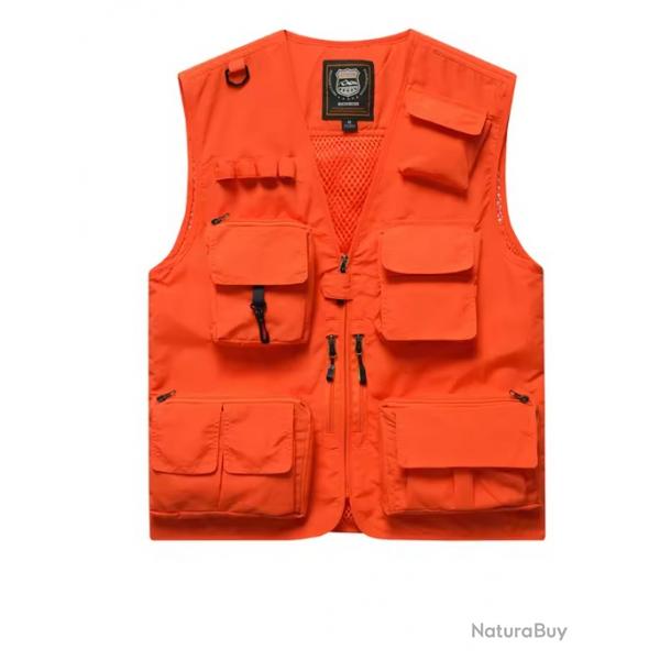 Gilet de pche lger multi-poches - camping, randonne, outdoor Orange