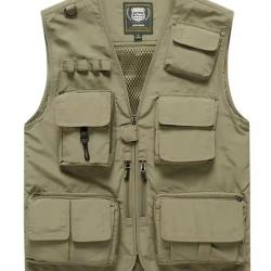 Gilet de pêche léger multi-poches - camping, randonnée, outdoor kaki beige