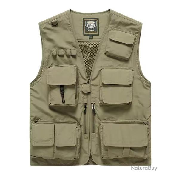Gilet de pche lger multi-poches - camping, randonne, outdoor kaki beige