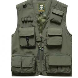 Gilet de pêche léger multi-poches - camping, randonnée, outdoor army green