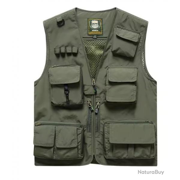 Gilet de pche lger multi-poches - camping, randonne, outdoor army green
