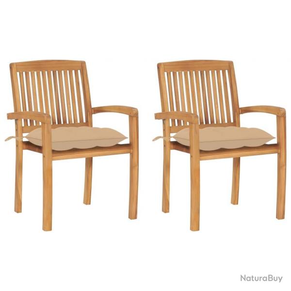 Chaises de jardin lot de 2 et coussins beige Bois teck massif