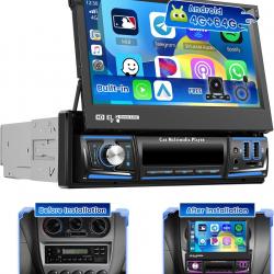 Autoradio 1DIN 4G+64G Android 15 avec écran Rétractable de 7 Pouces, écran Tactile IPS avec CarPlay