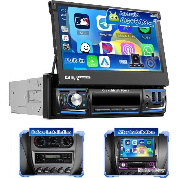 Autoradio 1DIN 4G+64G Android 15 avec cran Rtractable de 7 Pouces, cran Tactile IPS avec CarPlay