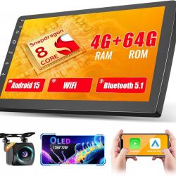 Autoradio 8Cores 4G+64G Android 15 2Din avec Carplay Android Auto sans Fil, Écran Tactile de 10" ave