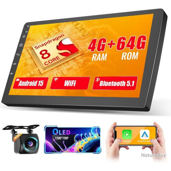 Autoradio 8Cores 4G+64G Android 15 2Din avec Carplay Android Auto sans Fil, cran Tactile de 10" ave