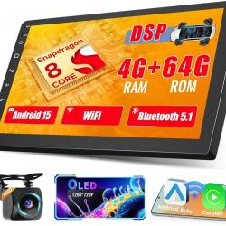 Autoradio 8Cores 4G+64G Android 15 2Din avec Carplay Android Auto sans Fil, Écran Tactile de 9" avec