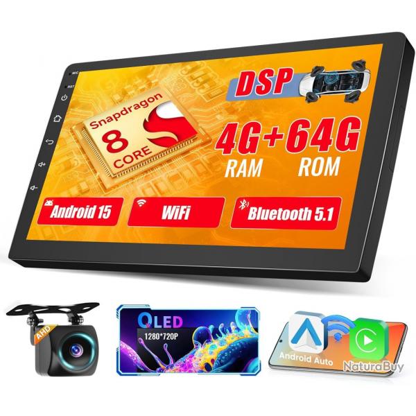 Autoradio 8Cores 4G+64G Android 15 2Din avec Carplay Android Auto sans Fil, cran Tactile de 9" avec