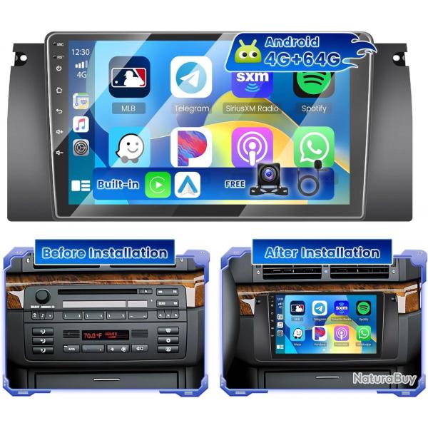 Autoradio 4G+64G Android 15 pour BMW Srie 5 (X5 / E39 / M5 / E53) 1996-2003 avec cran Tactile de 9