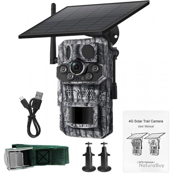 Camra de Chasse 4G avec GPS et Panneau Solaire Vision Nocturne HD Dtection PIR Etanche IP65 SD 64G