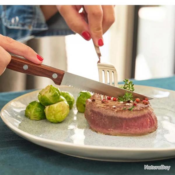 6 Couteaux Steak Inox 3cr14 22cm Lame Dentele Effet Bois