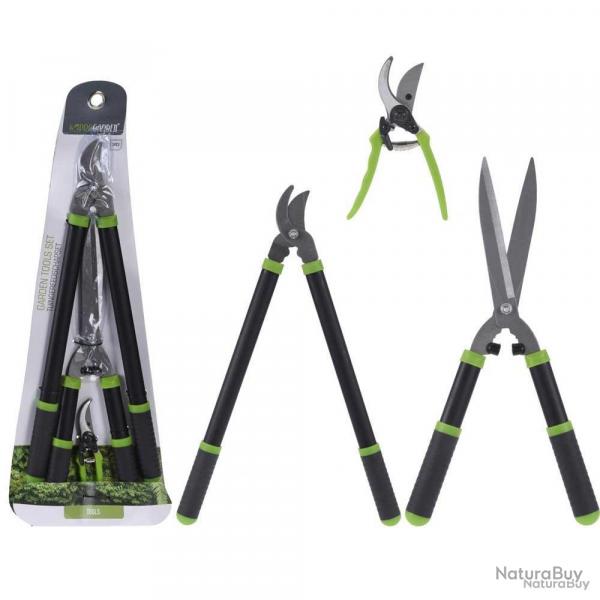 Set 3 outils jardin: cisaille alu 20cm + cisaille-haie 52cm + scateur