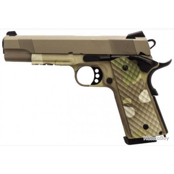 Rplique GBB 1911 MEU Rail Raven full metal gaz Camo tan 1,0J