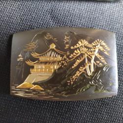 Boucle de ceinture ciselée par artisan japonais, paysage, shibuishi patiné, dorure