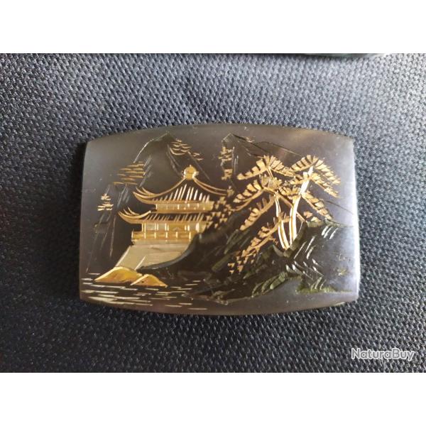 Boucle de ceinture cisele par artisan japonais, paysage, shibuishi patin, dorure