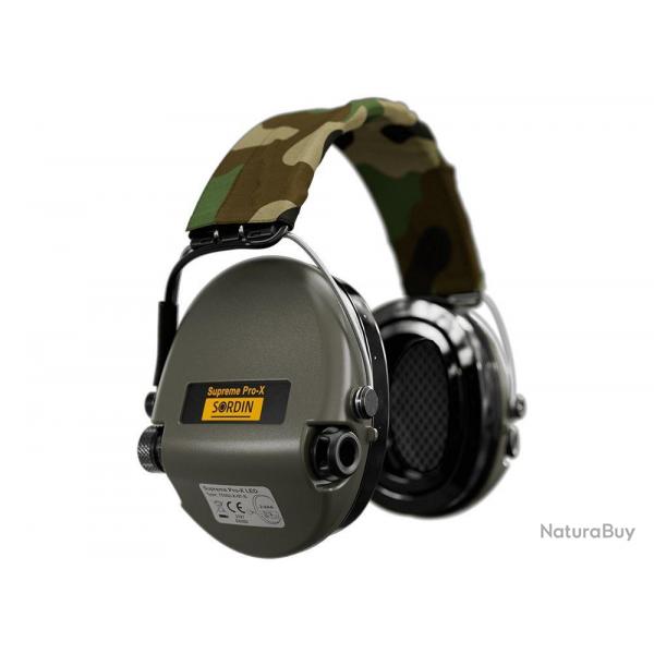 CASQUE ANTI BRUIT ELECTRONIQUE SORDIN SUPREME PRO-X LED VERT BANDEAU CAMO COUSSINS GEL