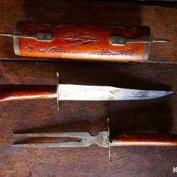ENSEMBLE COUTEAU ET FOURCHETTE HINDOU AVEC ETUI EN BOIS VINTAGE ANNEES 60