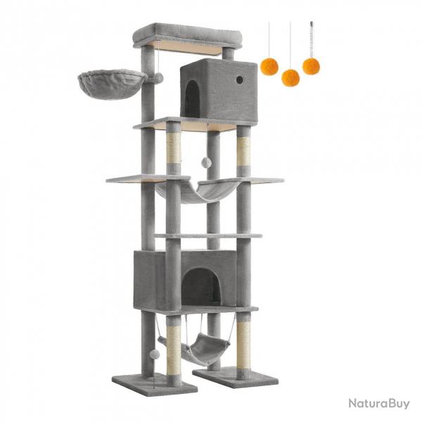 Arbre  chat 201 cm forme de tour taille XXL multi-niveaux 1 plateforme 1 panier 2 niches 2 hamacs