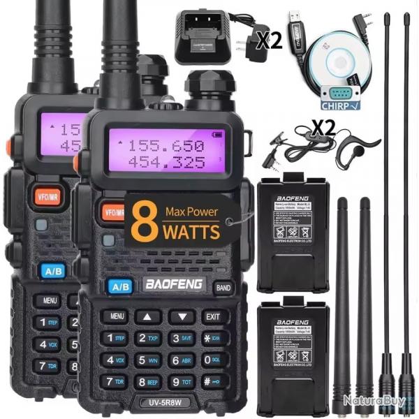 Talkie Walkie (X2) Baofeng UV-5R, 8 Watts, longue porte 12km (compatible Chirp cable usb fourni)