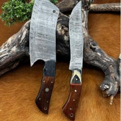 1 couperet et 1 Bowie lame fixe en acier Damas (2)
