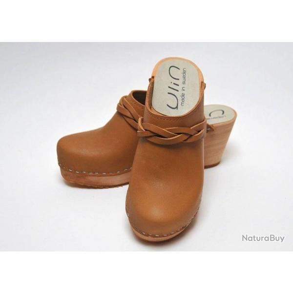 Sabots sudois femme talons hauts fin bois et cuir tannage vgtal ou nubuck 40 cognac