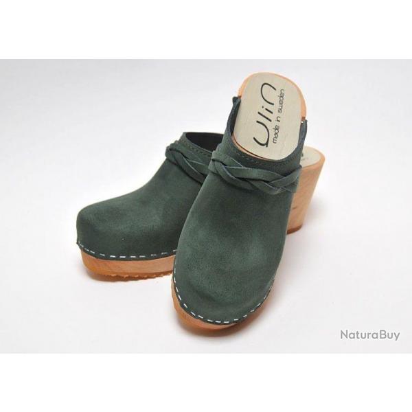 Sabots sudois femme talons hauts fin bois et cuir tannage vgtal ou nubuck 41 vert ardoise
