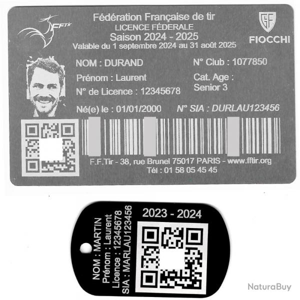 FFT! Licence de tir aluminium argente + Port cl TAG militaire en aluminium grav au laser (Recto)