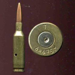 6 x 47 Suisse Match - marquage : T  6 x 47 SM - balle cuivre pointe creuse - &eacute;tui 47 mm