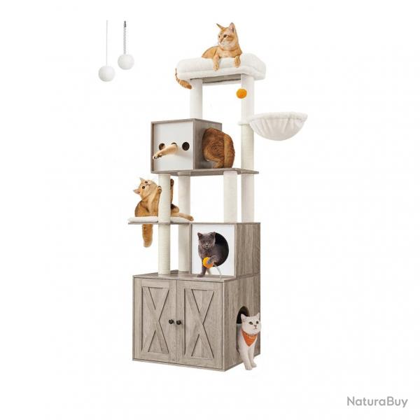 Arbre  chat moderne avec cache-litire tour de jeu griffoir avec maison de toilette 185 cm niche p