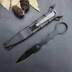 Couteau Tactique de Survie EDC - Lame Acier Inox Demi-Dentée avec Étui Kydex - Survie Camping Rando