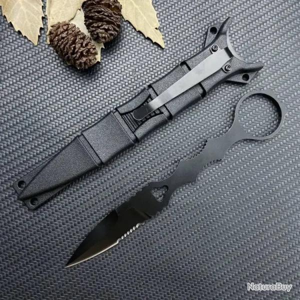 Couteau Tactique de Survie EDC - Lame Acier Inox Demi-Dente avec tui Kydex - Survie Camping Rando