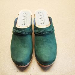 Sabots suédois femme talons larges bois et cuir tannage végétal ou nubuck 38 vert ardoise