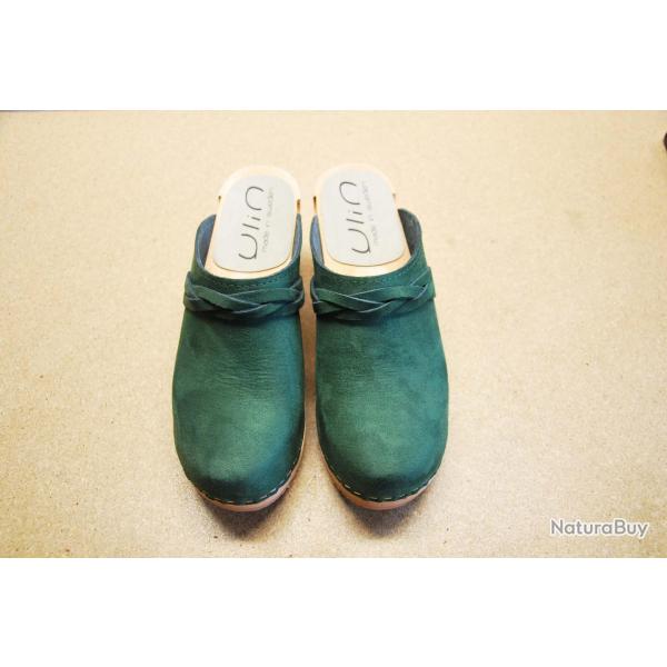 Sabots sudois femme talons larges bois et cuir tannage vgtal ou nubuck 38 vert ardoise