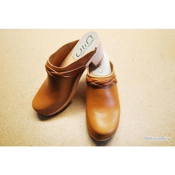 Sabots sudois femme talons larges bois et cuir tannage vgtal ou nubuck 41 cognac