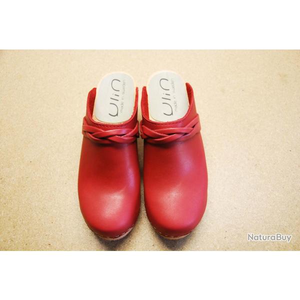Sabots sudois femme talons larges bois et cuir tannage vgtal ou nubuck rouge 41