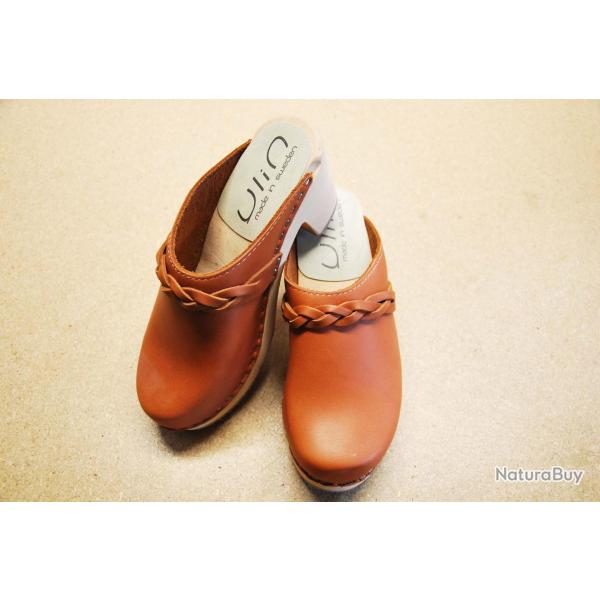 Sabots sudois femme talons larges bois et cuir tannage vgtal ou nubuck 37 Auburn