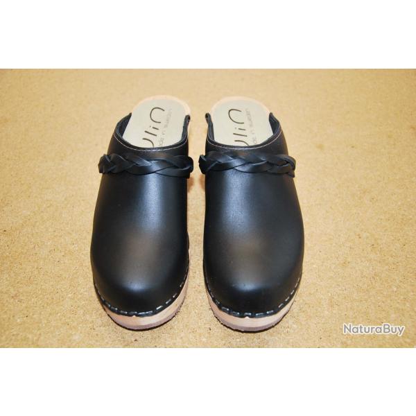 Sabots sudois femme talons larges bois et cuir tannage vgtal ou nubuck 42 noir vg