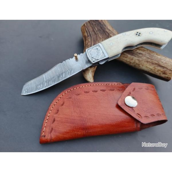 couteau de poche pliant fair  Main Lame Acier Damas Manche En os de chameau