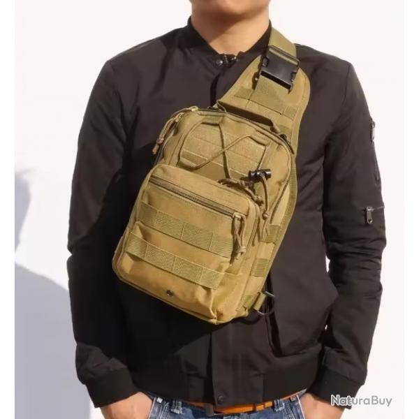 Sac Bandoulire Tactique Militaire Molle - Sac de Poitrine Sacoche Sport Outdoor 22x29x12 cm Beige