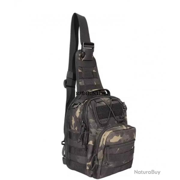Sac Bandoulire Tactique Militaire Molle Sac de Poitrine Sacoche Sport Outdoor 22x29x12 cm Camo noir