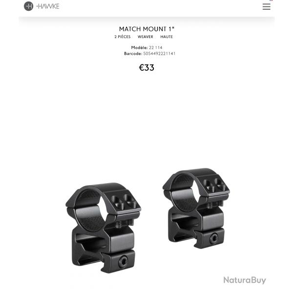 Colliers hauts HAWKE diamtre 1 pouce (25,4 mm) rail Picatinny rf. 22114