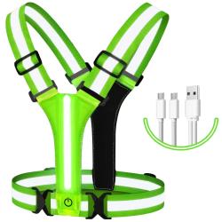 Gilet LED réfléchissant rechargeable USB - Haute visibilité course vélo nuit Vert