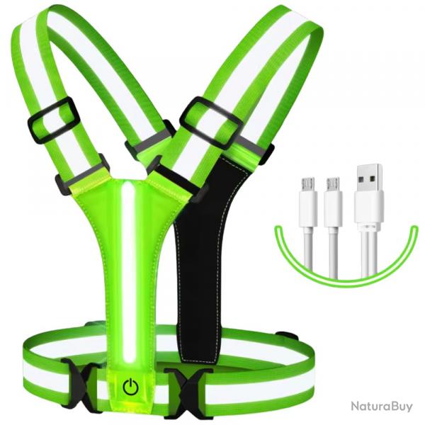Gilet LED rflchissant rechargeable USB - Haute visibilit course vlo nuit Vert